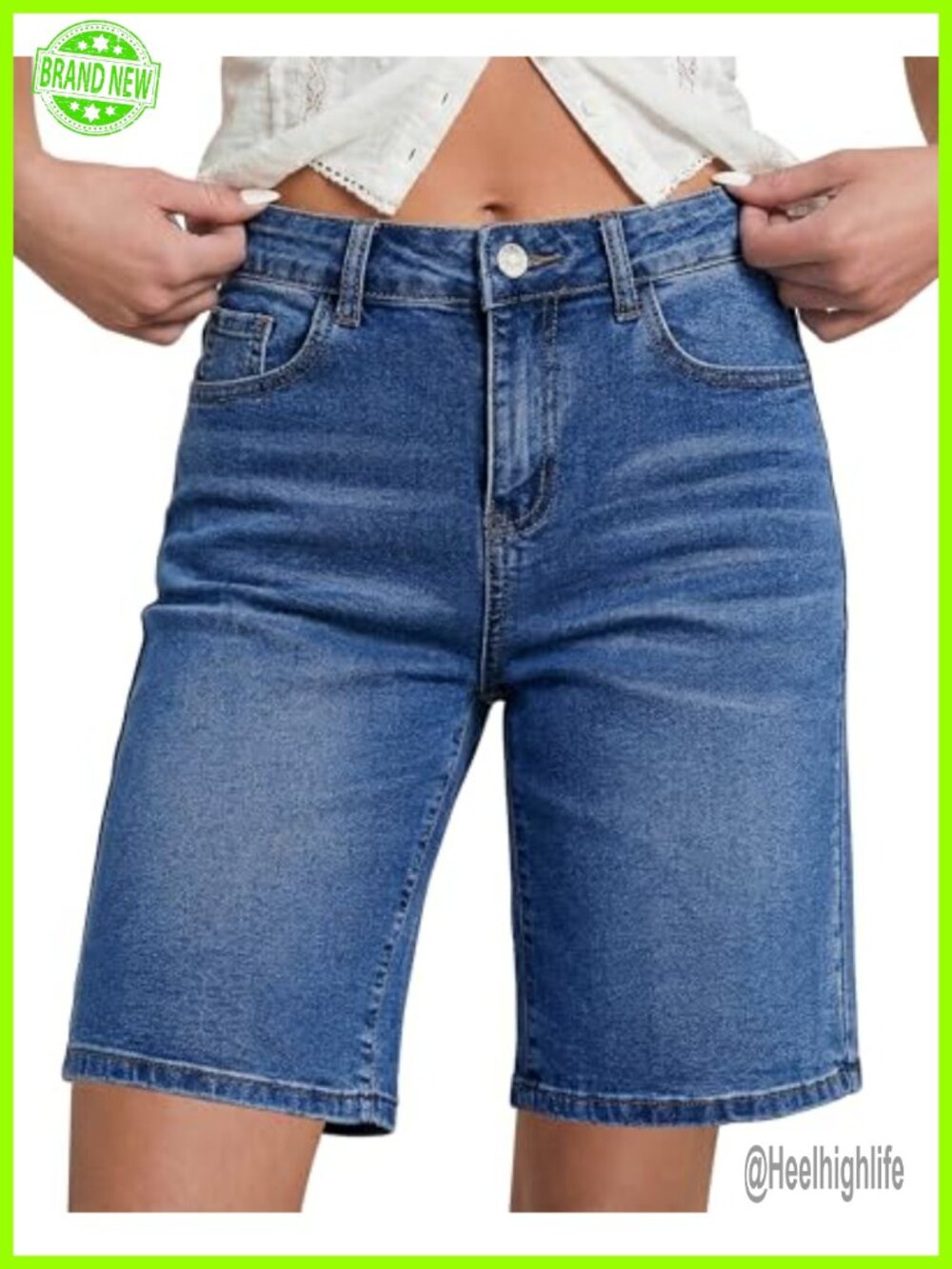 High Waisted Bermuda Shorts for Women Denim Jorts Stretchy Cotton with Pockets